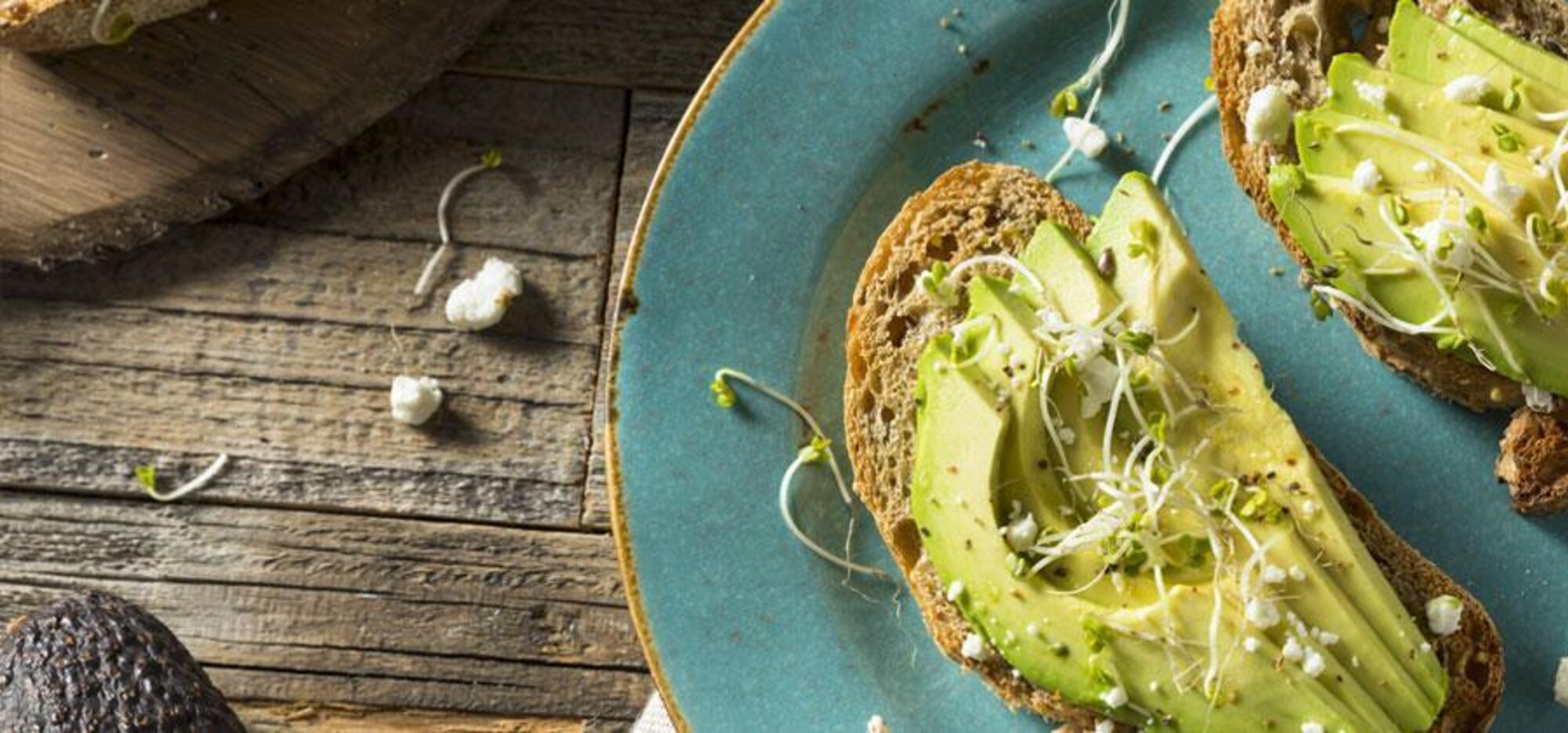 Zwei Scheiben Brot, belegt mit Avocado und Kresse von oben