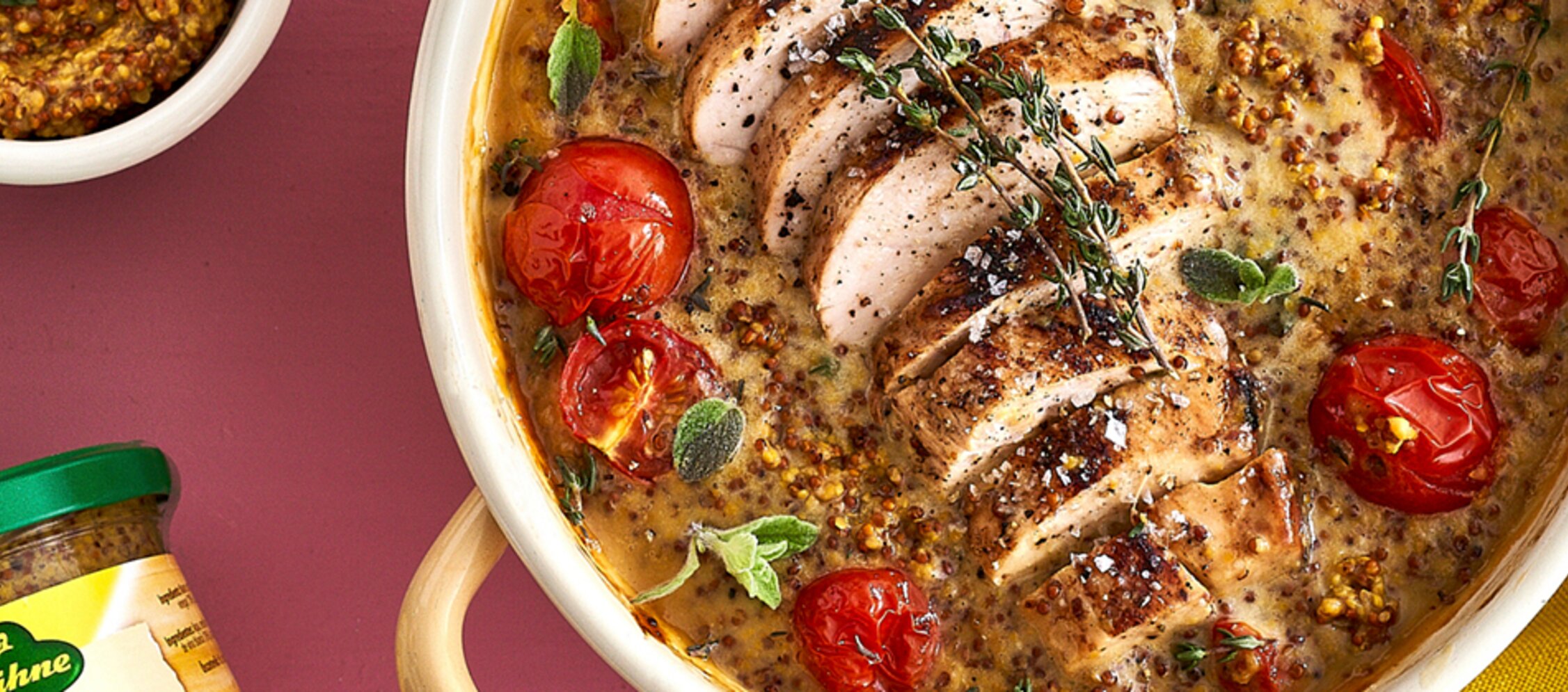 Ofenhähnchen in Honig-Senf-Sauce mit geschmorten Tomaten Ofenhähnchen in Honig-Senf-Sauce mit geschmorten Tomaten